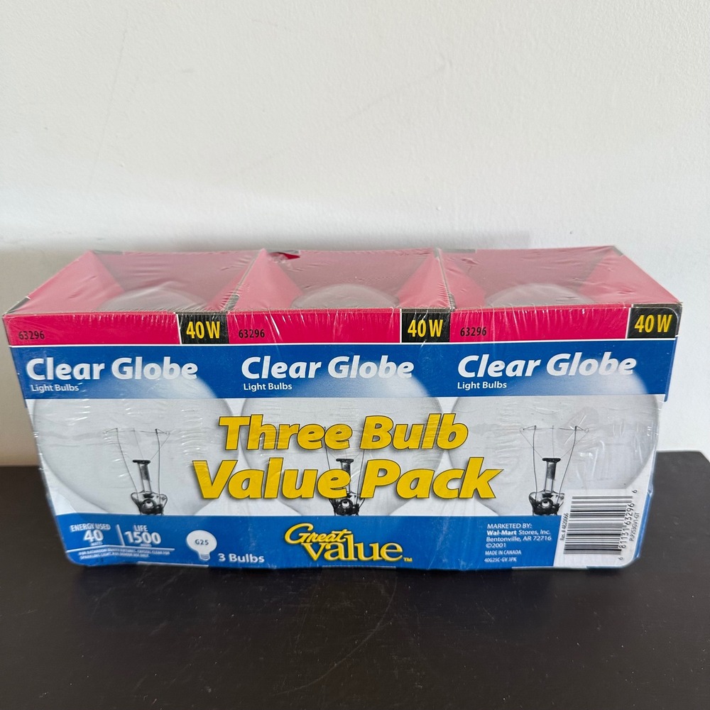 VTG Great Value Clear Globe Light Bulbs 40W G25 3 Pack 2001 Deadstock Sealed